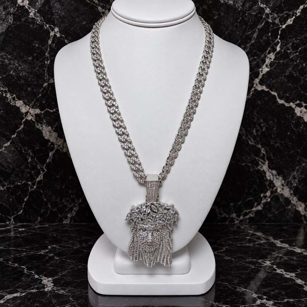 Iced Jesus Face Pendant Necklace – Silver 9mm Cuban Link | 20” Hip Hop Chain